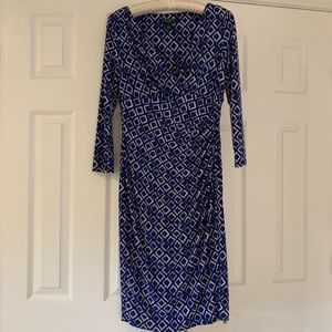Ralph Lauren Blue Diamond Print Faux Wrap Dress